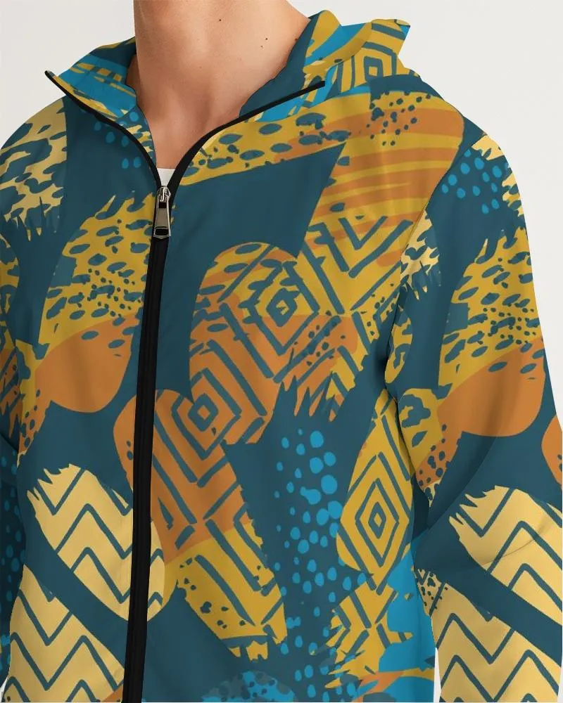 Men's Windbreaker, Blue Geometric Style Men's Hooded Jacket