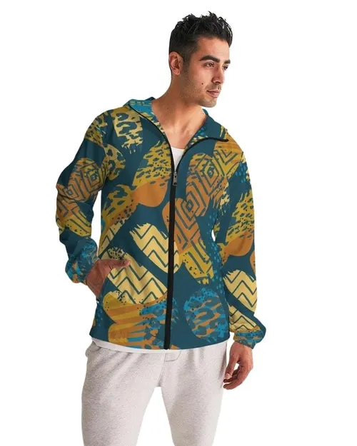 Men's Windbreaker, Blue Geometric Style Men's Hooded Jacket