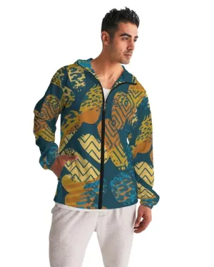 Men's Windbreaker, Blue Geometric Style Men's Hooded Jacket