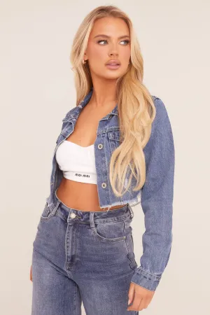 Mid Blue Distressed Frayed Hem Denim Jacket - Indiana