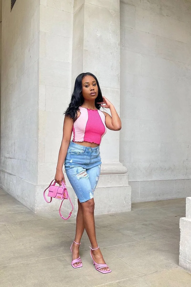 Mid Blue Distressed Longline Denim Shorts - Dakotah