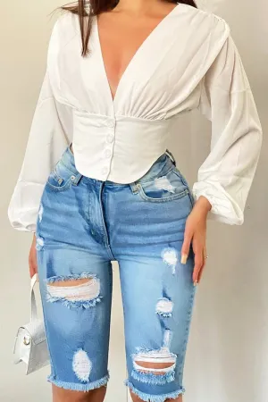 Mid Blue Distressed Longline Denim Shorts - Dakotah