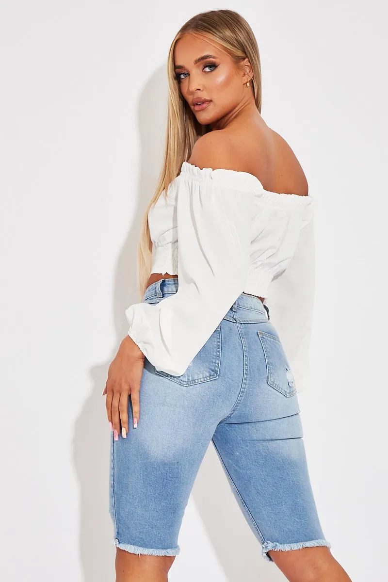 Mid Blue Distressed Longline Denim Shorts - Dakotah