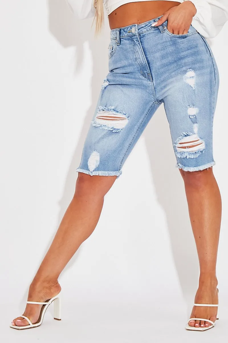 Mid Blue Distressed Longline Denim Shorts - Dakotah