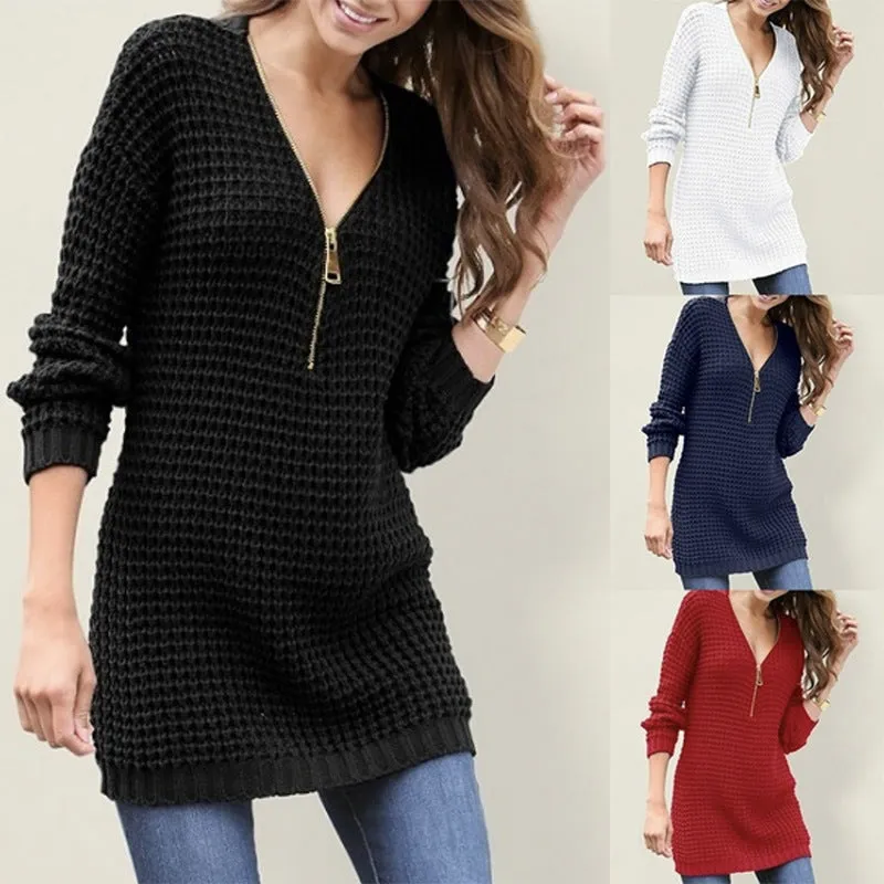 Mid-length Zipper V-neck Sweater Dress