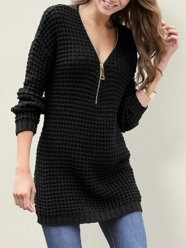 Mid-length Zipper V-neck Sweater Dress