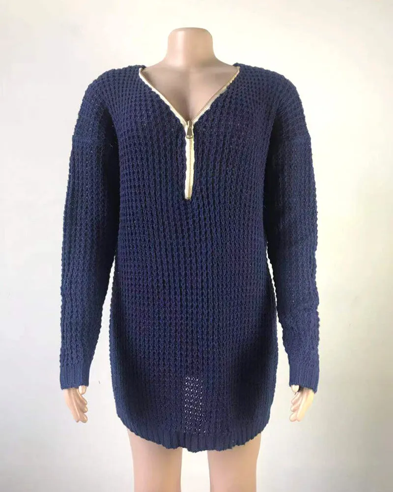 Mid-length Zipper V-neck Sweater Dress