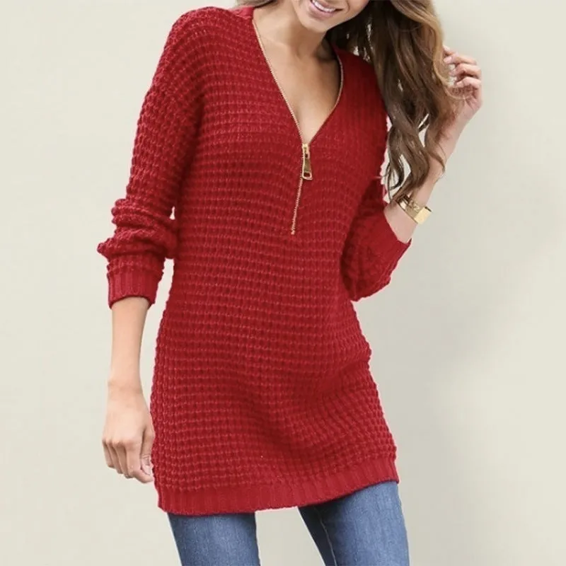 Mid-length Zipper V-neck Sweater Dress