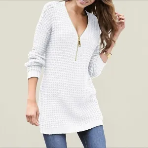 Mid-length Zipper V-neck Sweater Dress