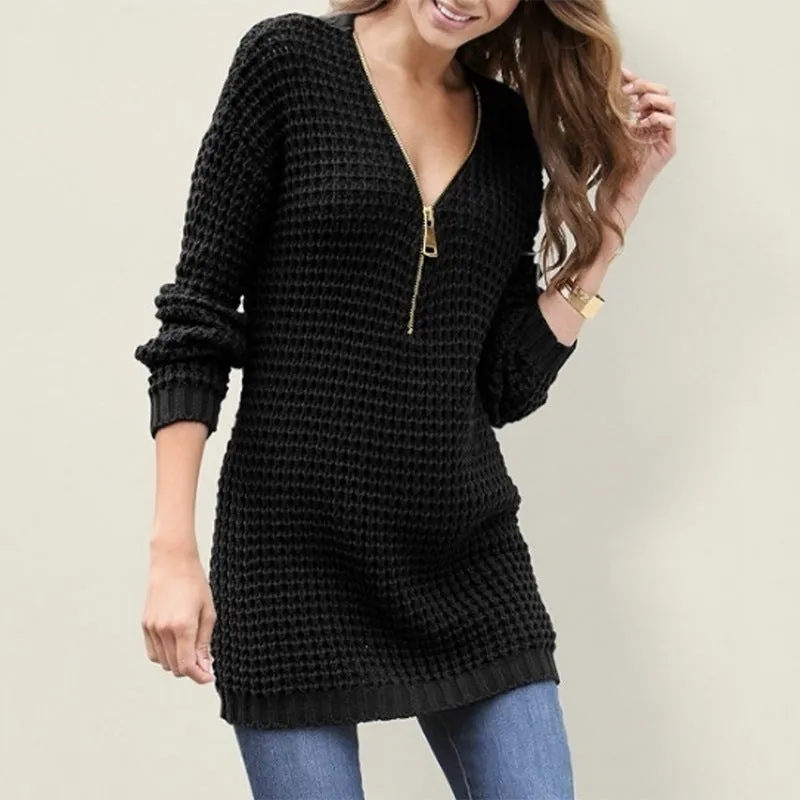 Mid-length Zipper V-neck Sweater Dress
