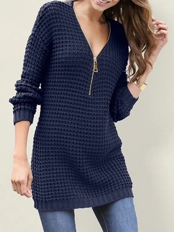 Mid-length Zipper V-neck Sweater Dress