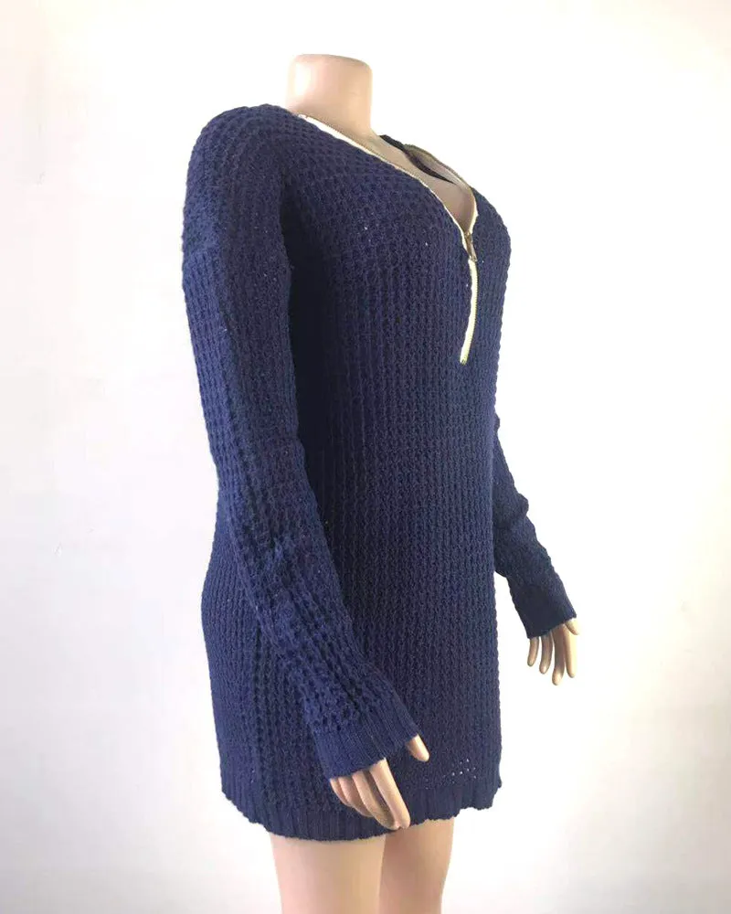 Mid-length Zipper V-neck Sweater Dress