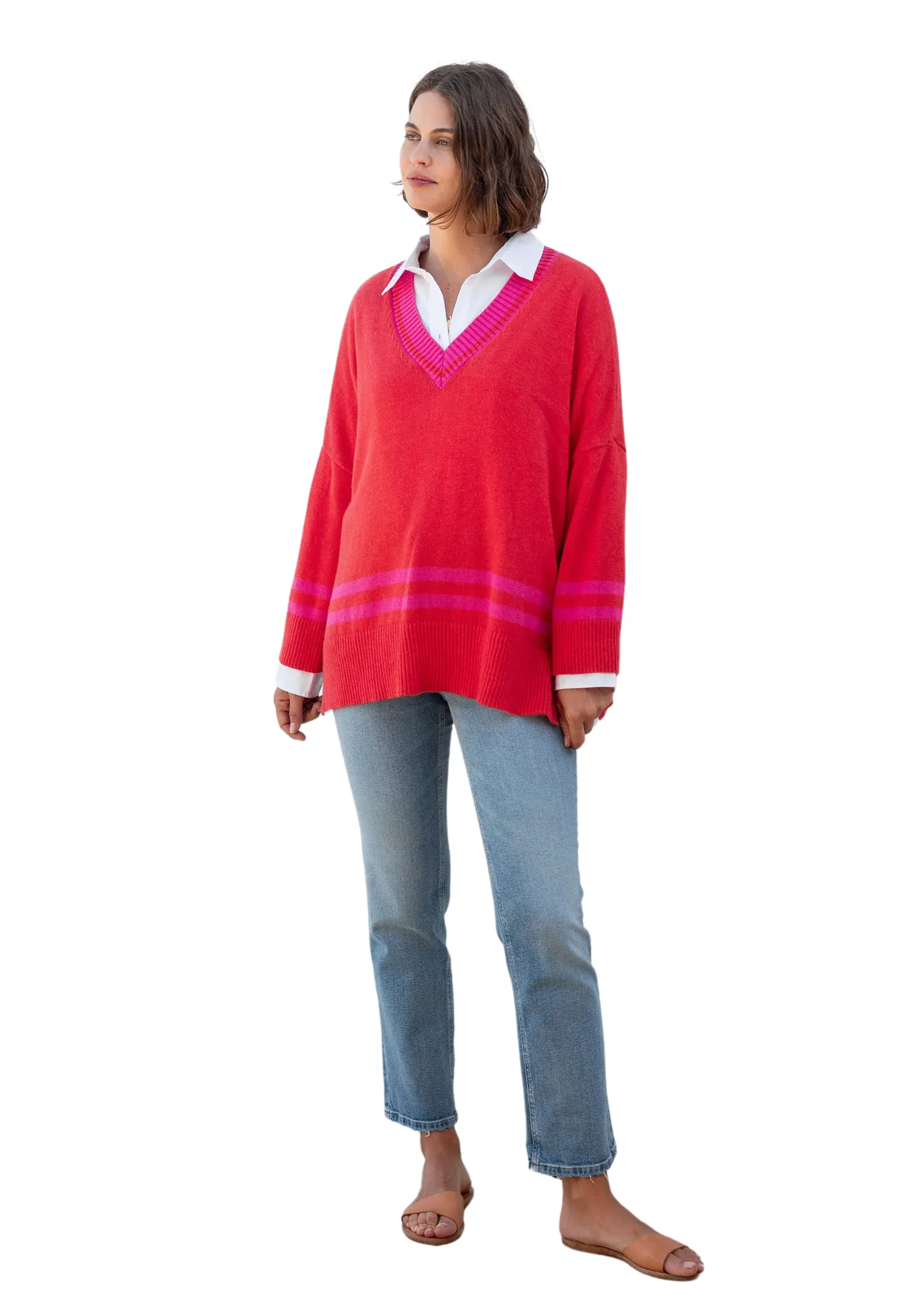 MONTAUK V-NECK SWEATER - ORANGE/ PINK