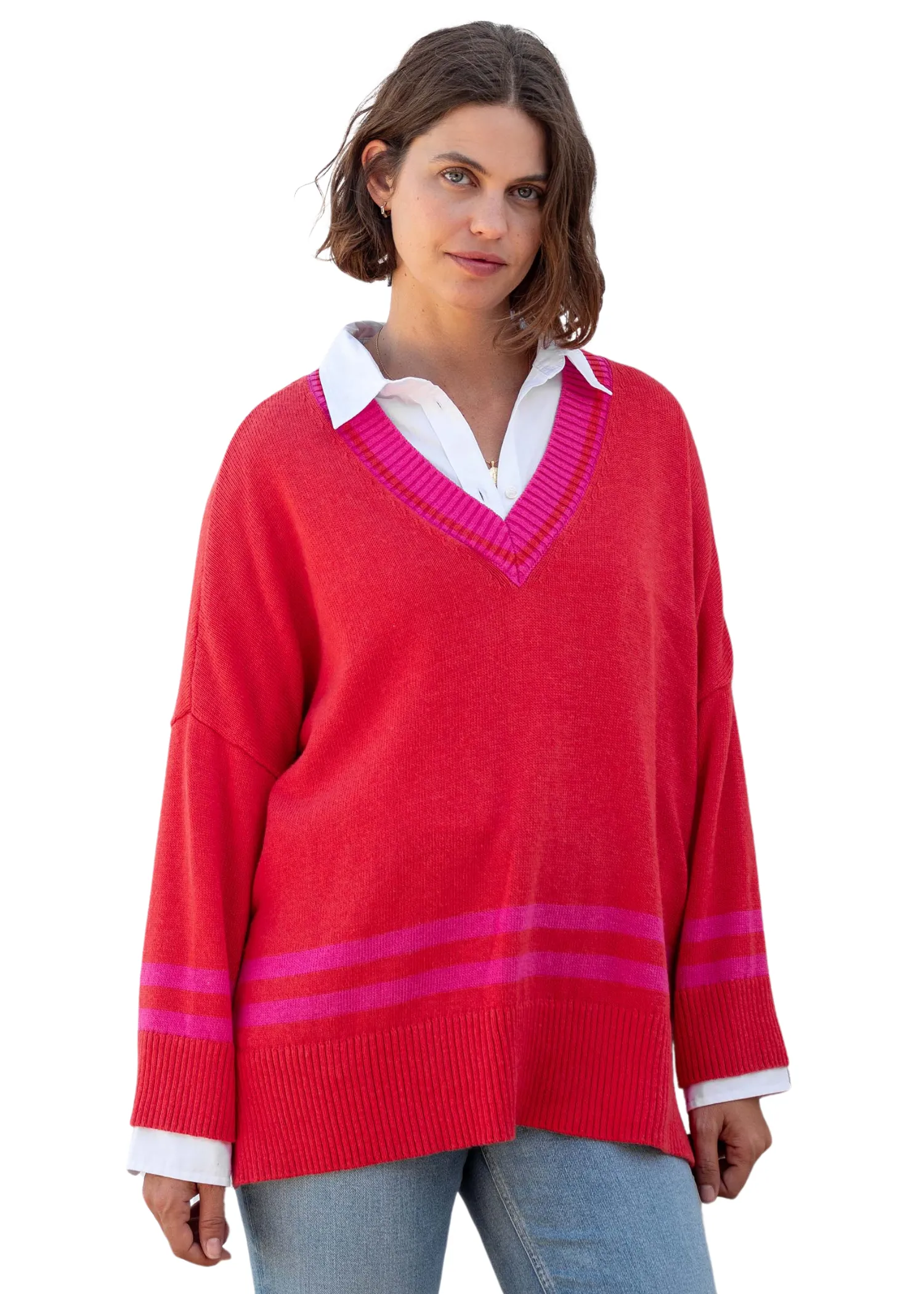 MONTAUK V-NECK SWEATER - ORANGE/ PINK