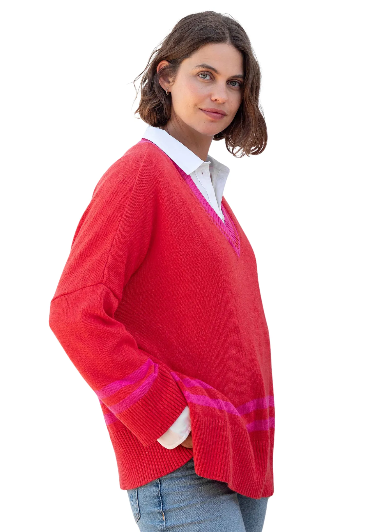 MONTAUK V-NECK SWEATER - ORANGE/ PINK