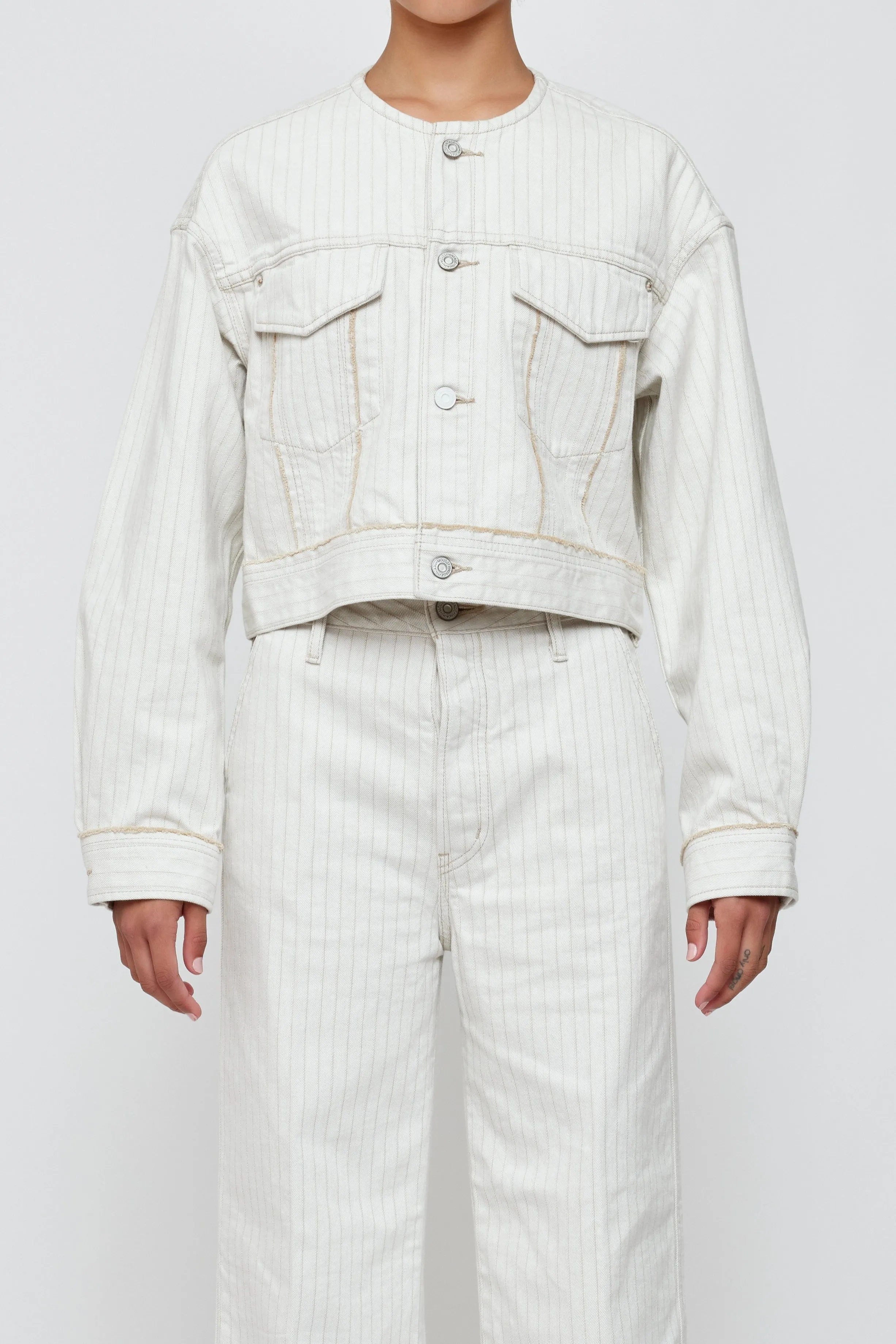 Moussy Vintage Fords No Collar Cropped Jacket in Mix-White
