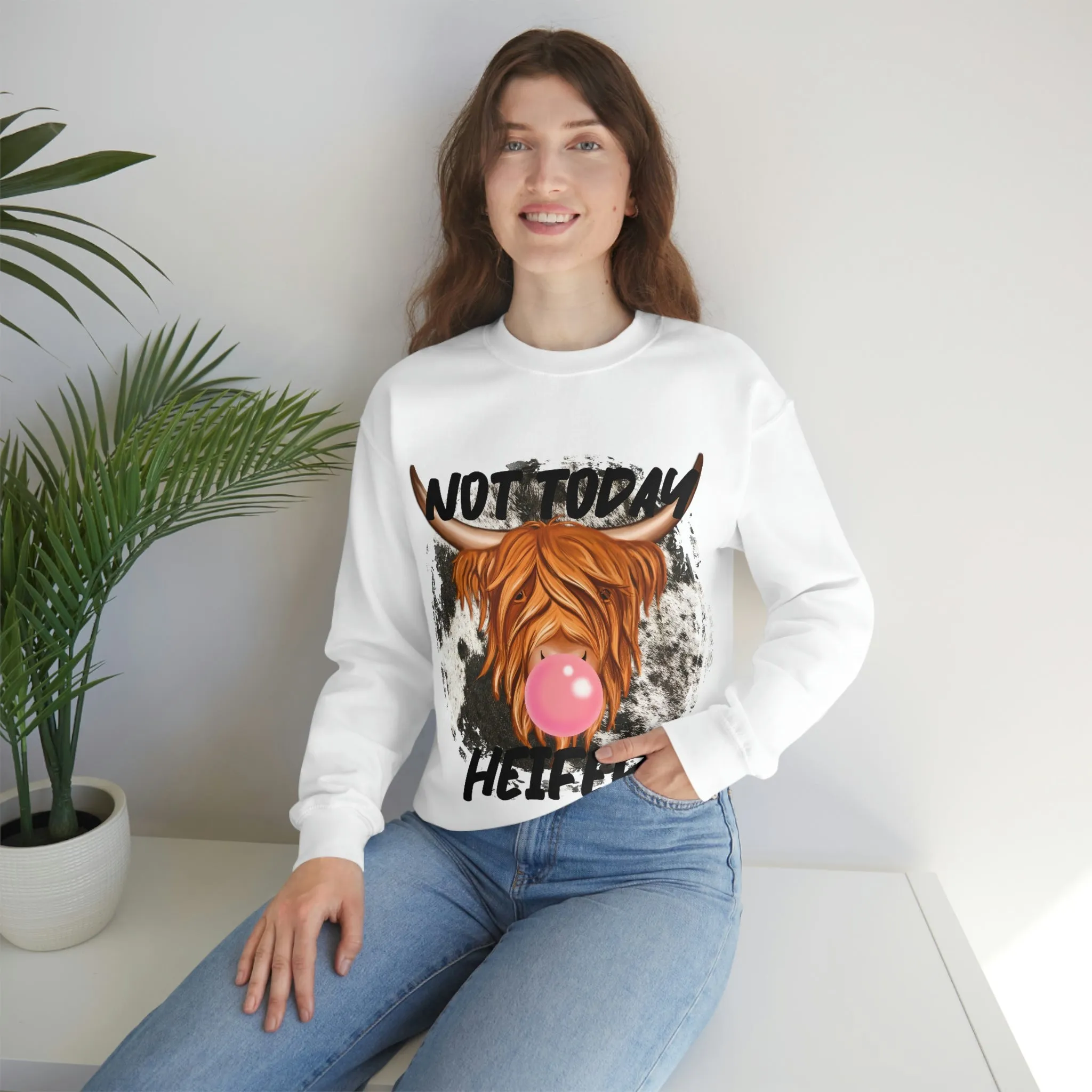 Not Today Heifer Highland Cow with Bubblegum Unisex Heavy Blend™ Crewneck Sweatshirt