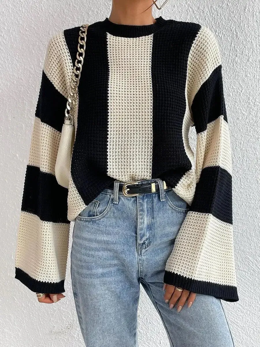 O-Neck Knitted Pullover – Flare Sleeve Crochet Y2K Sweater