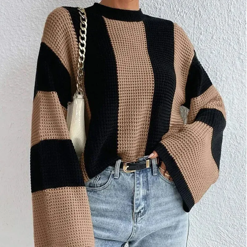 O-Neck Knitted Pullover – Flare Sleeve Crochet Y2K Sweater
