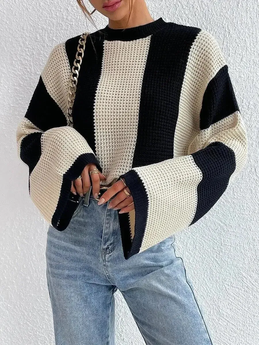 O-Neck Knitted Pullover – Flare Sleeve Crochet Y2K Sweater