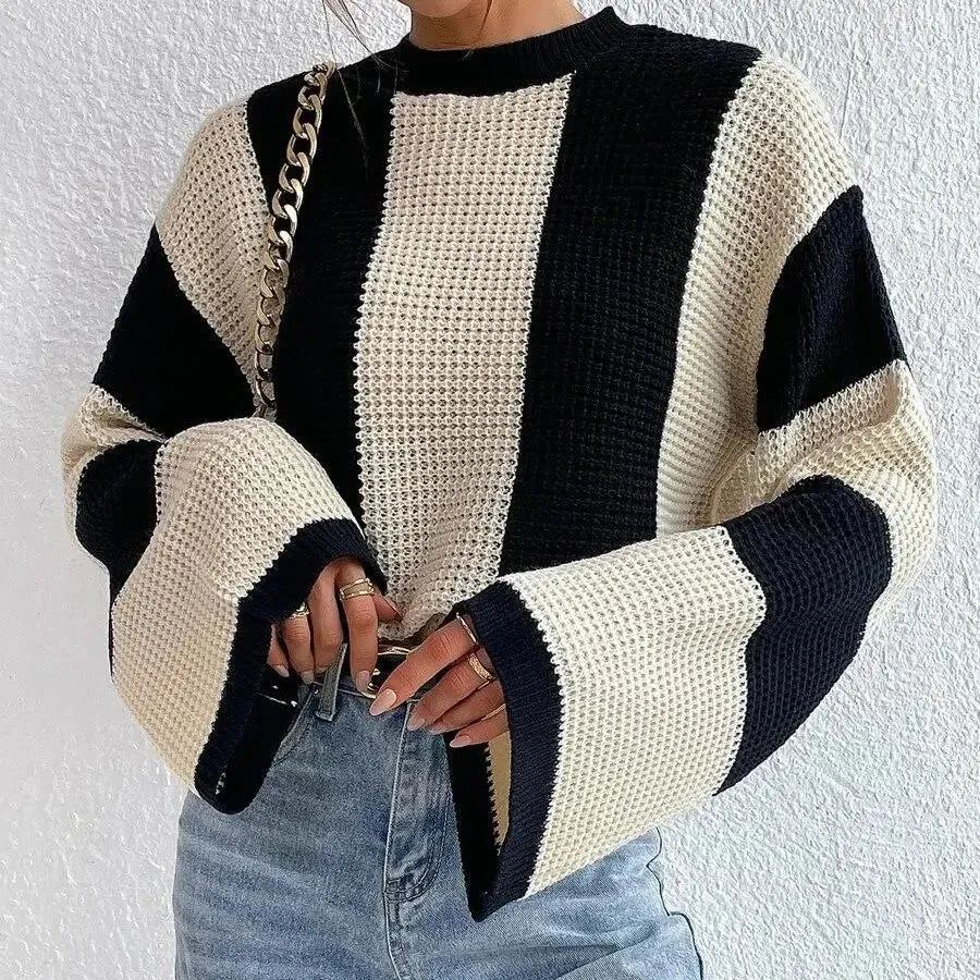O-Neck Knitted Pullover – Flare Sleeve Crochet Y2K Sweater