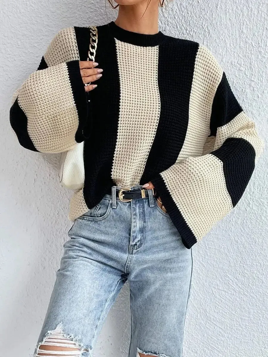 O-Neck Knitted Pullover – Flare Sleeve Crochet Y2K Sweater