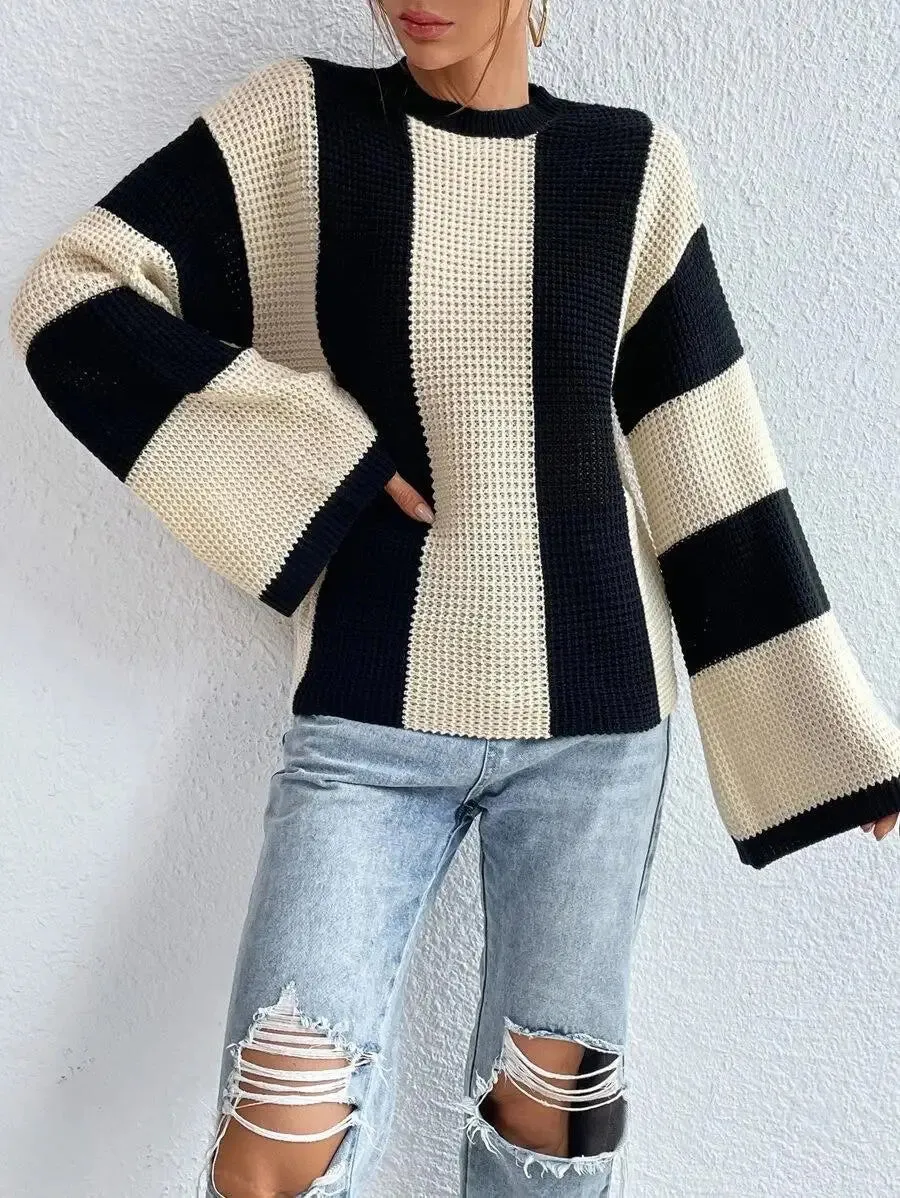 O-Neck Knitted Pullover – Flare Sleeve Crochet Y2K Sweater
