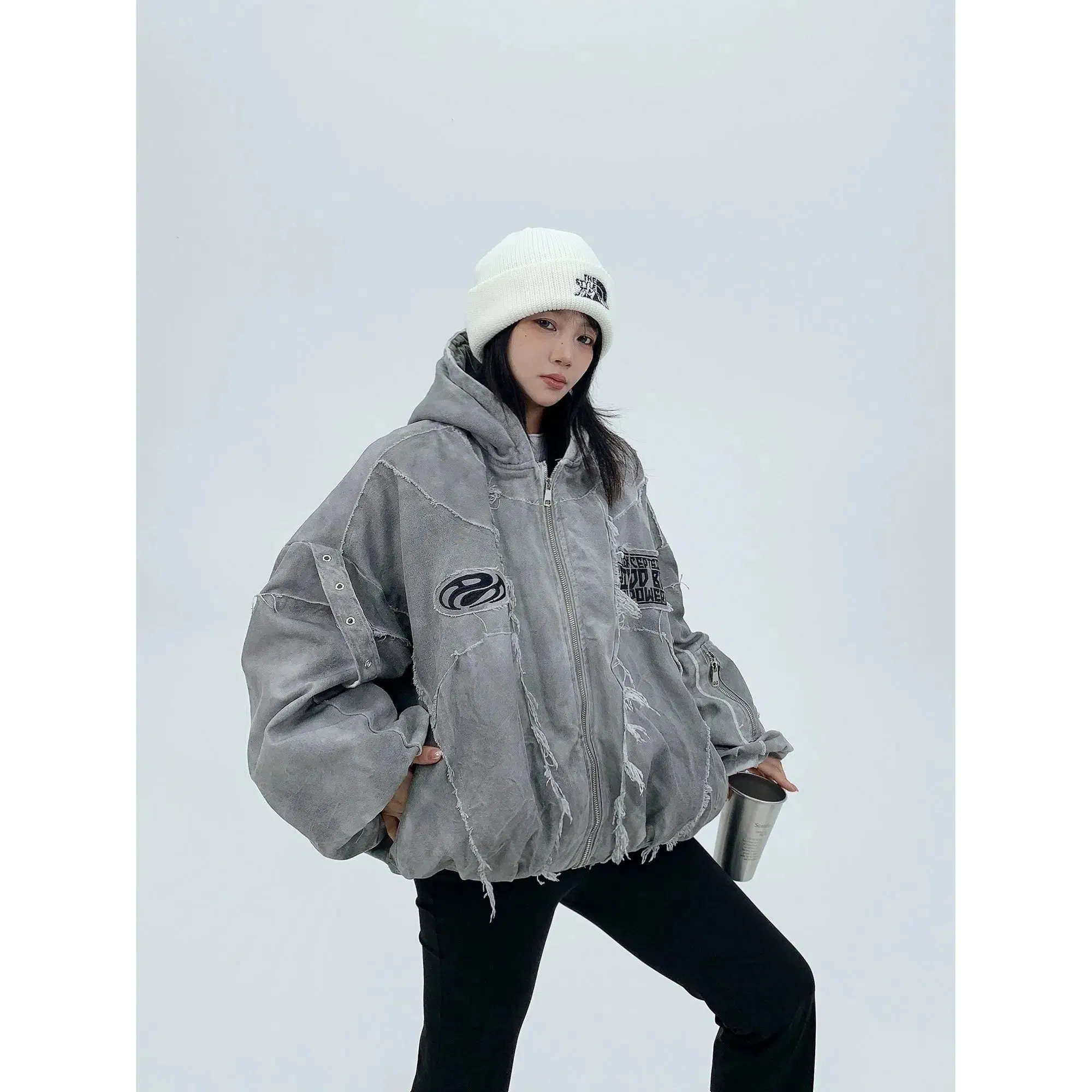 Patches Hooded Oversized Denim Coat