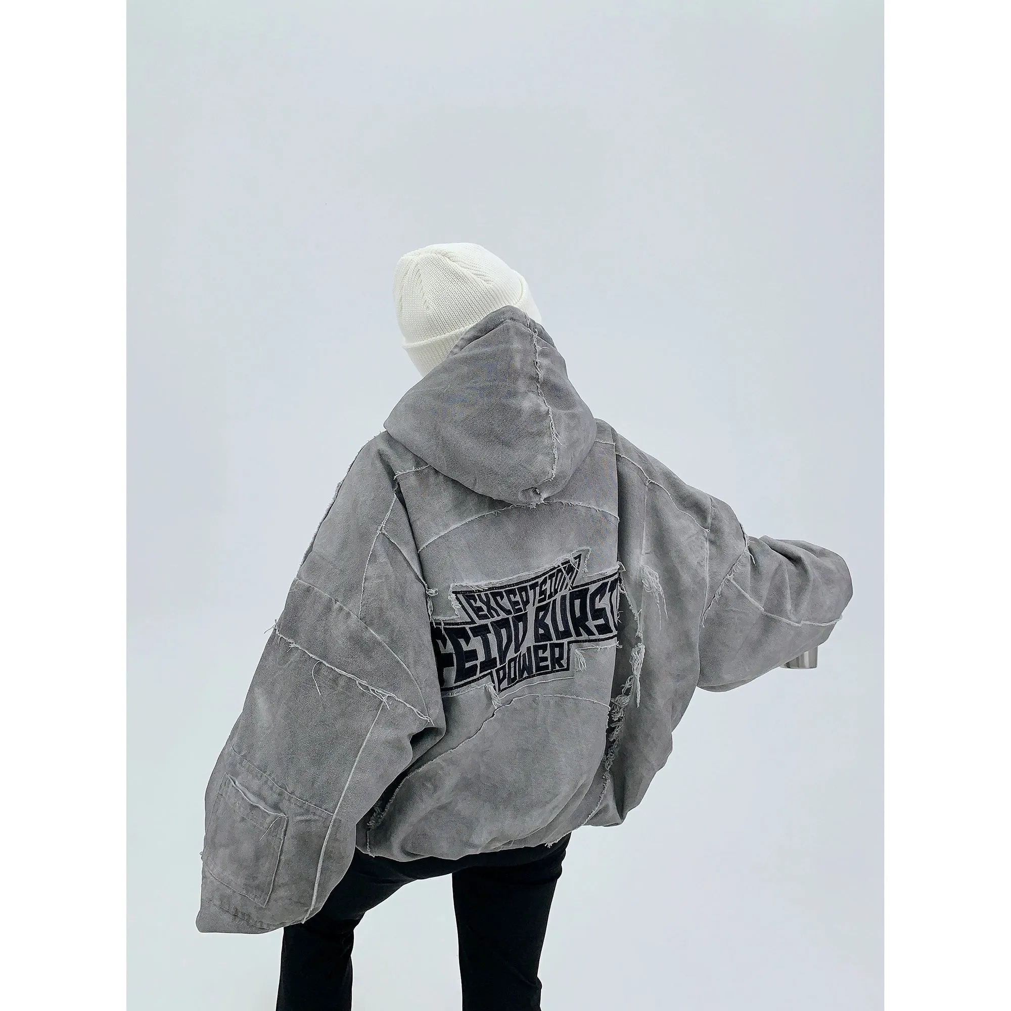 Patches Hooded Oversized Denim Coat