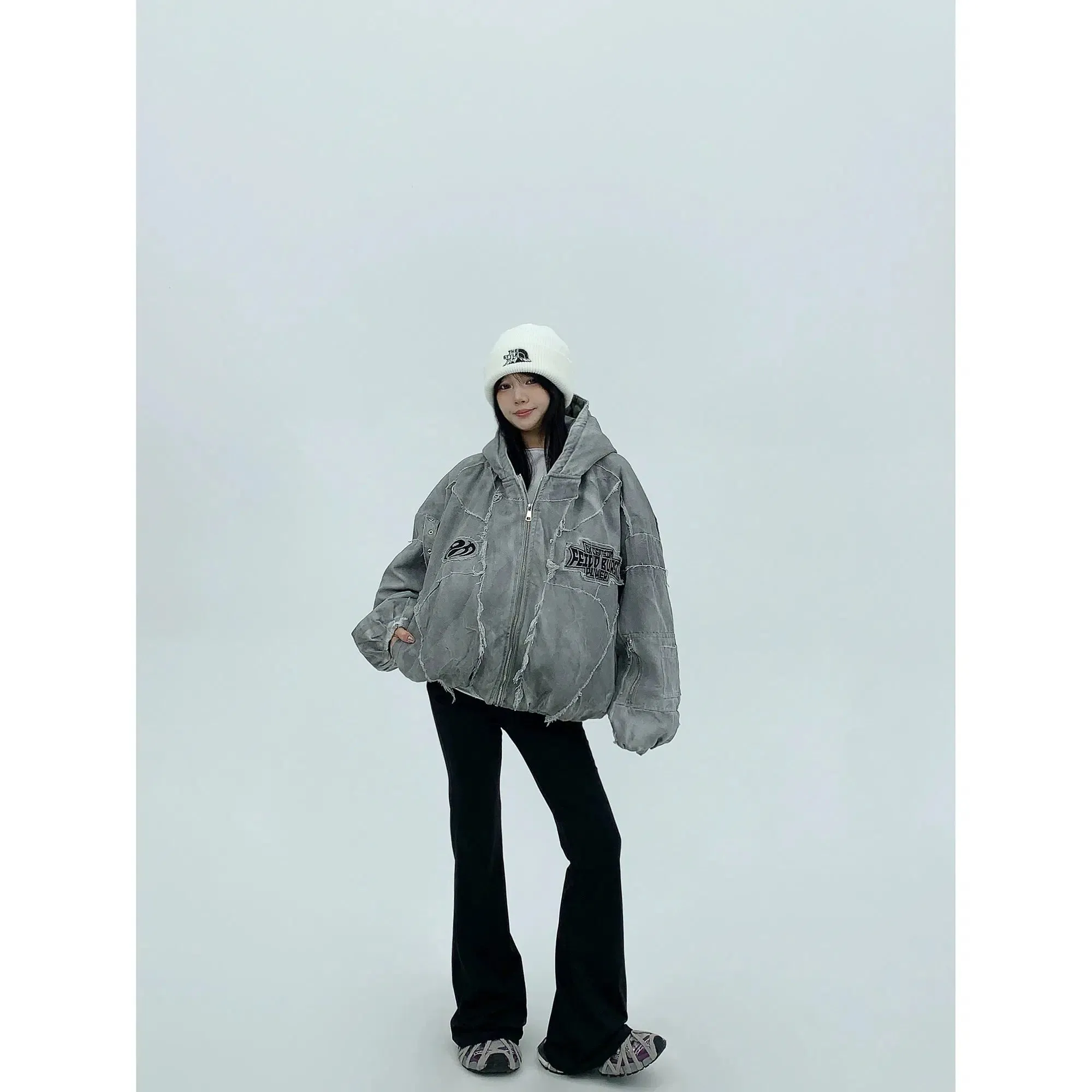 Patches Hooded Oversized Denim Coat