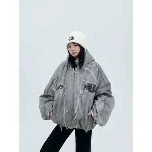 Patches Hooded Oversized Denim Coat
