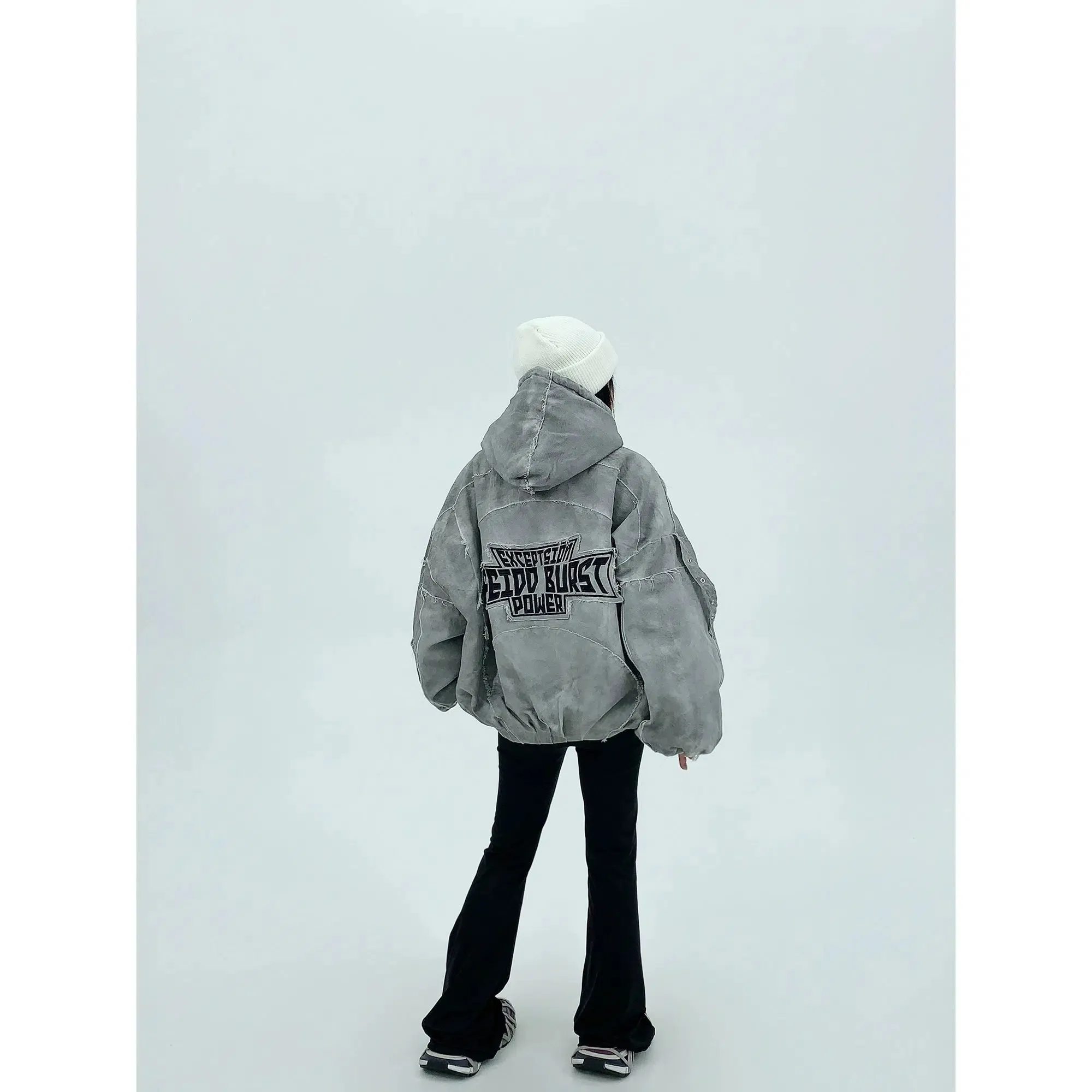 Patches Hooded Oversized Denim Coat
