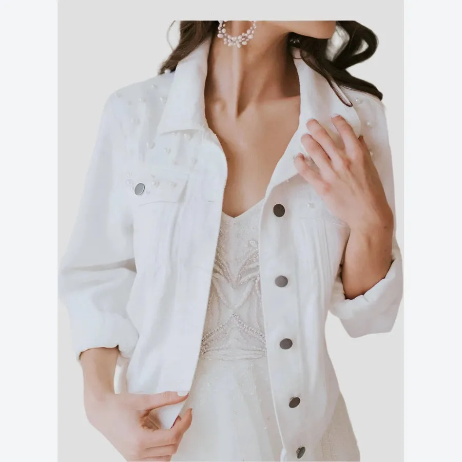 Pearl Embellished Button-Up Denim Jackets
