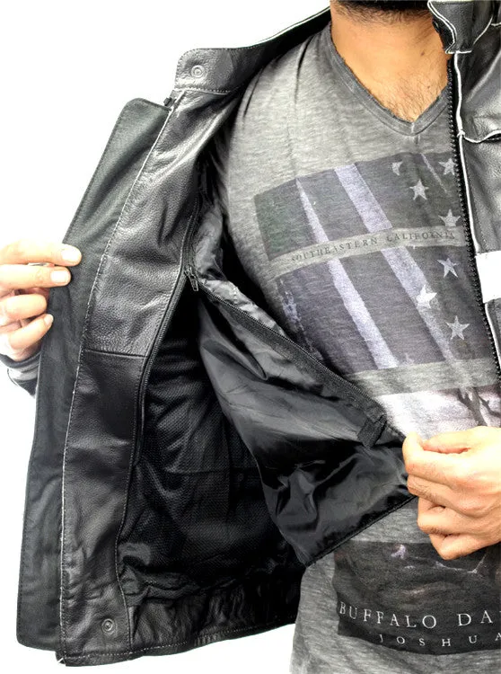 Perrini Men's Classic Black and White Motorbike Riding Genuine Leather Jacket