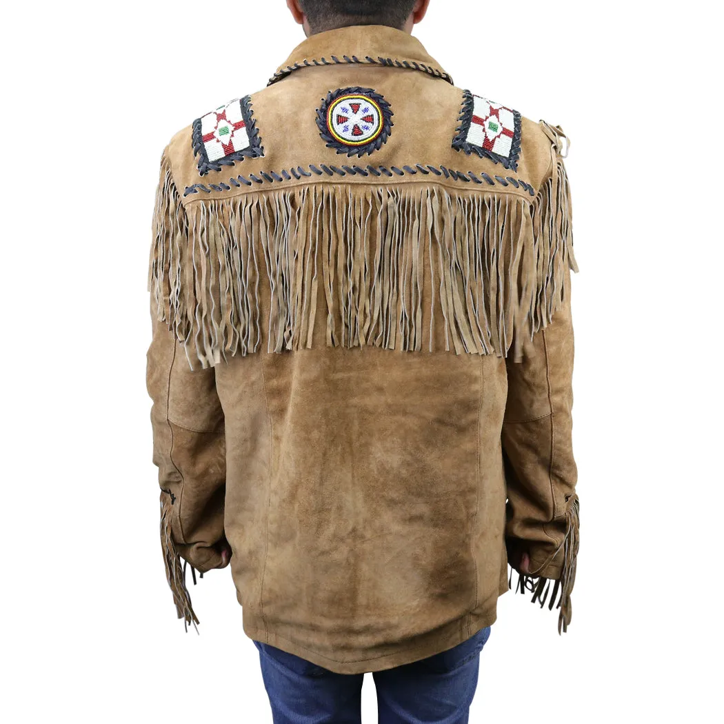 Perrini Native American Leather Jacket Cowboy Coat With Fringe & Beads Beige New