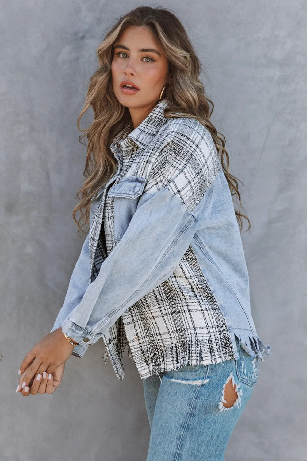 Plaid Patchwork Fringed Flap Pockets Denim Jacket