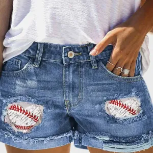Play Ball Baseball Printed Patchwork Denim Shorts