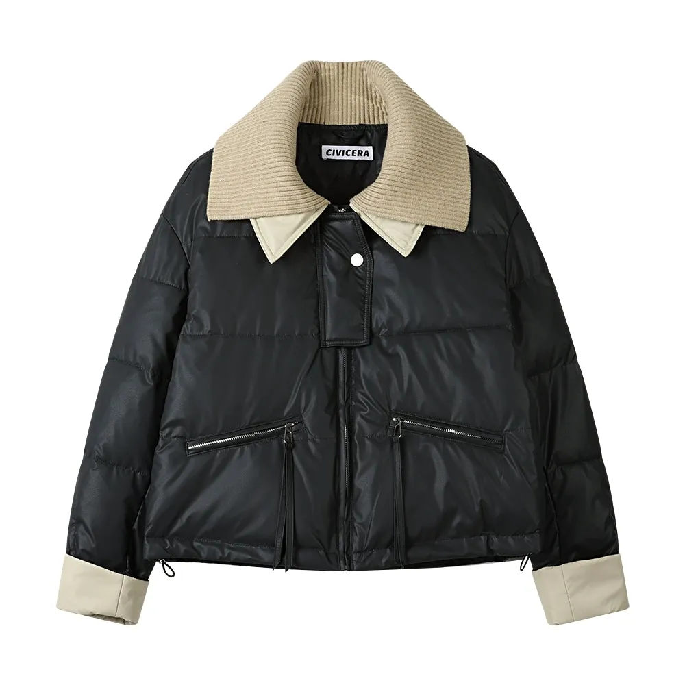 PU Leather Down Jacket with Collar