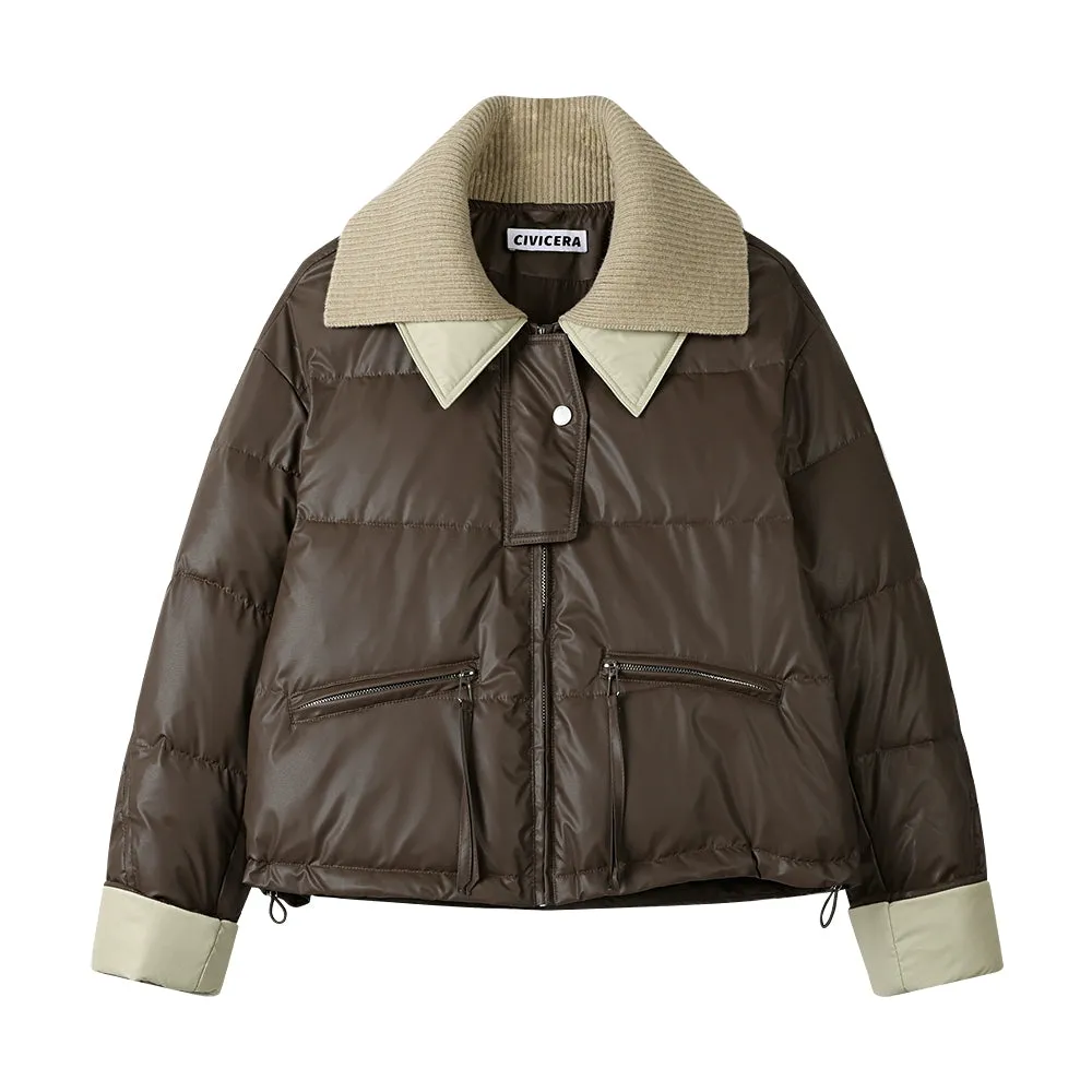 PU Leather Down Jacket with Collar