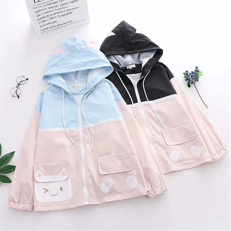 "CUTE POCKET CAT COLORBLOCK" HOODED JACKET Y031603