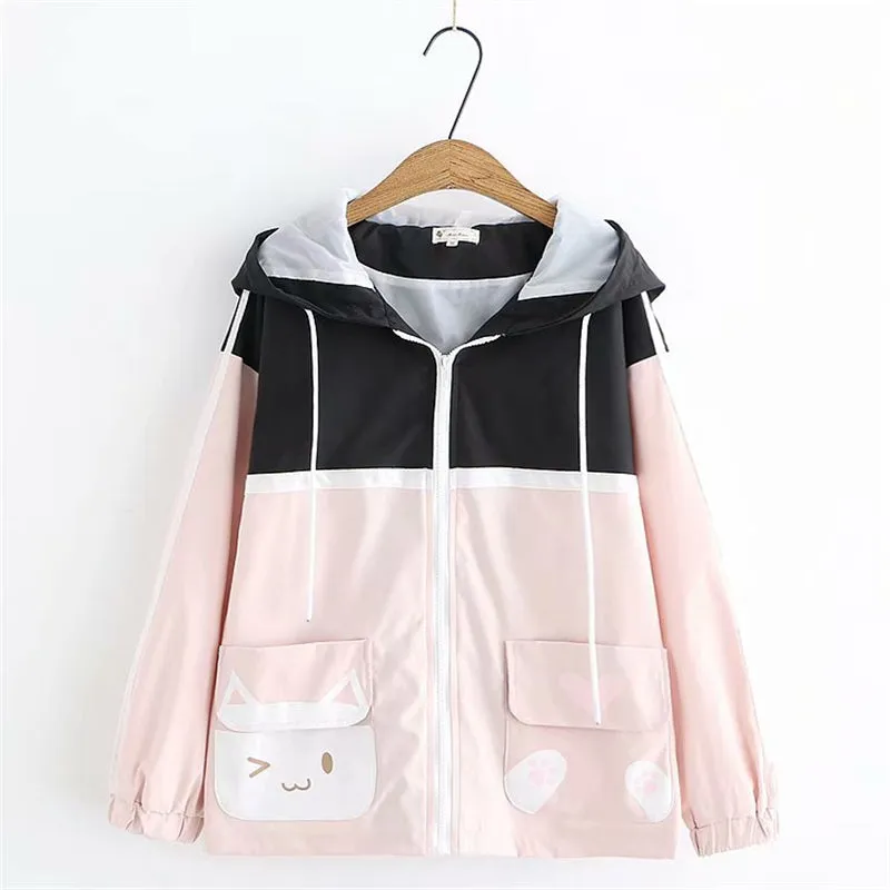 "CUTE POCKET CAT COLORBLOCK" HOODED JACKET Y031603