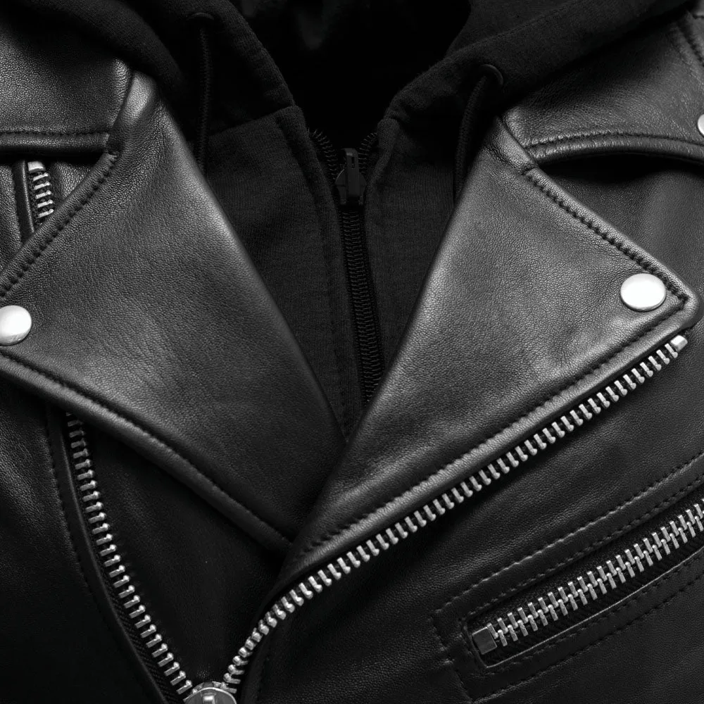 RACE UP Motorcycle Leather Jacket (Removable Hood)