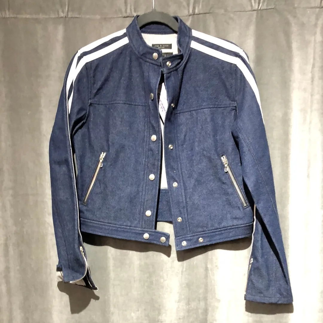 Rag & Bone Dark Blue Denim Collarless Snap Jacket with Snap Closure