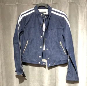 Rag & Bone Dark Blue Denim Collarless Snap Jacket with Snap Closure