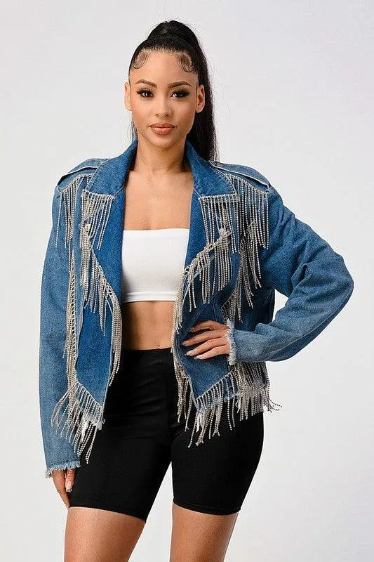Rhinestone fringe denim jacket