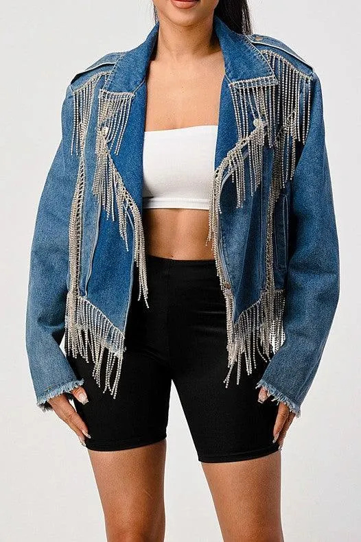 Rhinestone fringe denim jacket