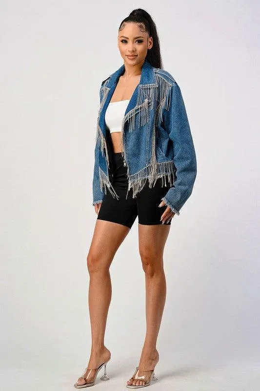Rhinestone fringe denim jacket