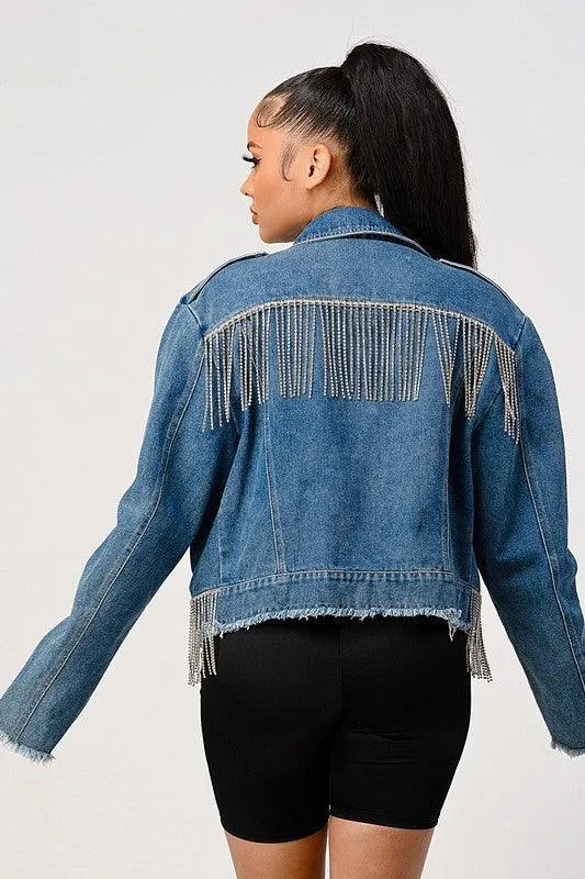 Rhinestone fringe denim jacket