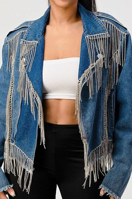 Rhinestone fringe denim jacket