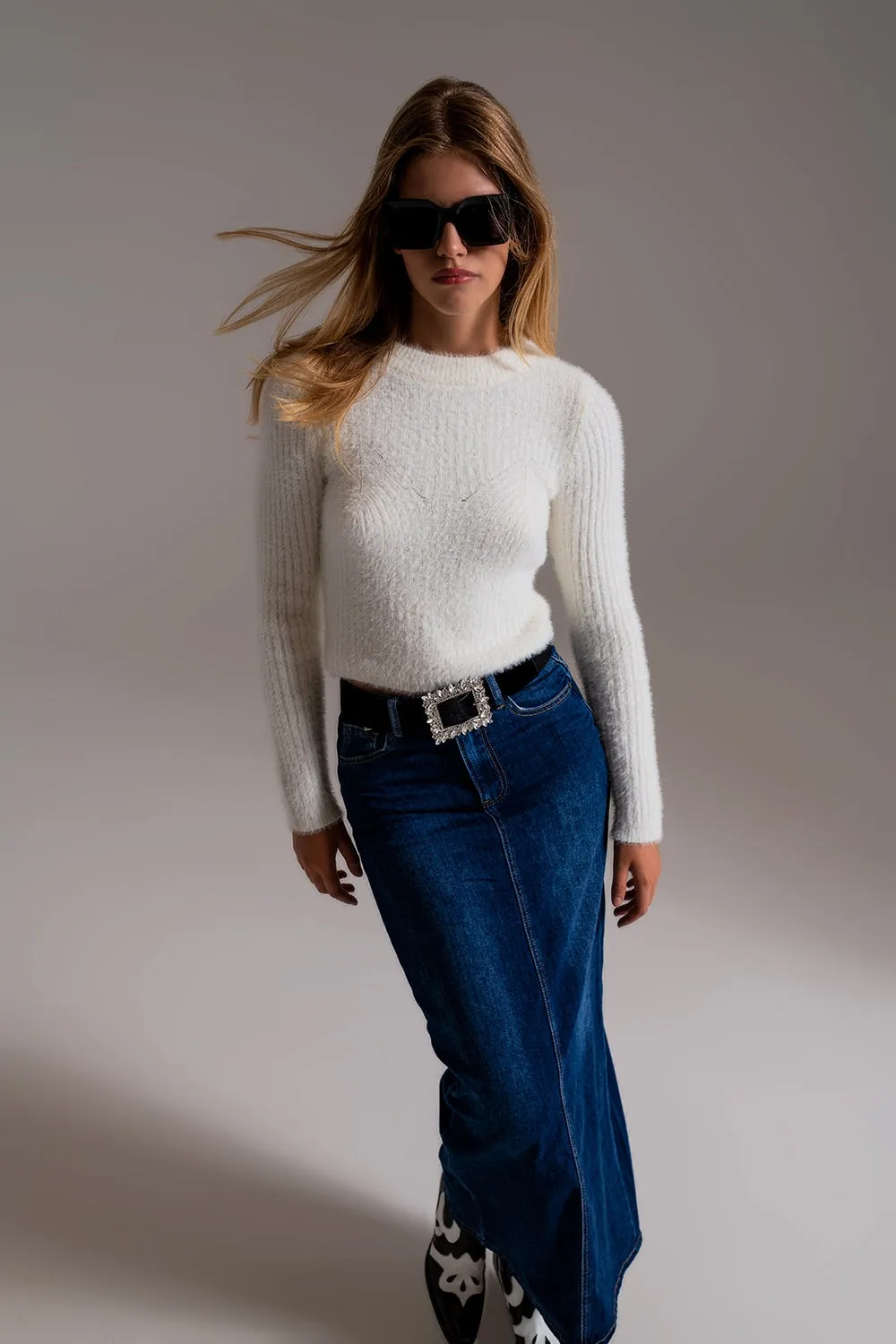 Ribbed Cropped Sweater in Ecru